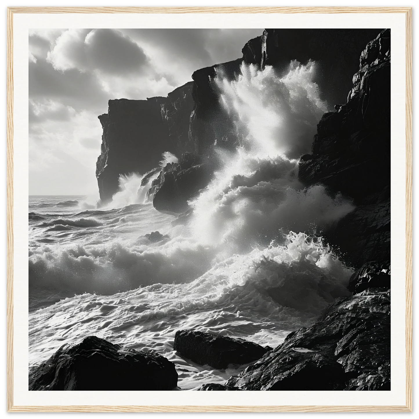 Powerful ocean waves crash against cliffs in Ephemeral Stone Symphony framed posters