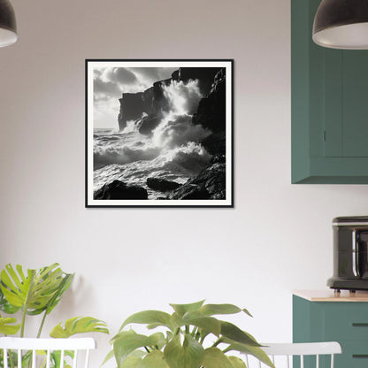 Black and white framed poster of ocean waves in Ephemeral Stone Symphony art