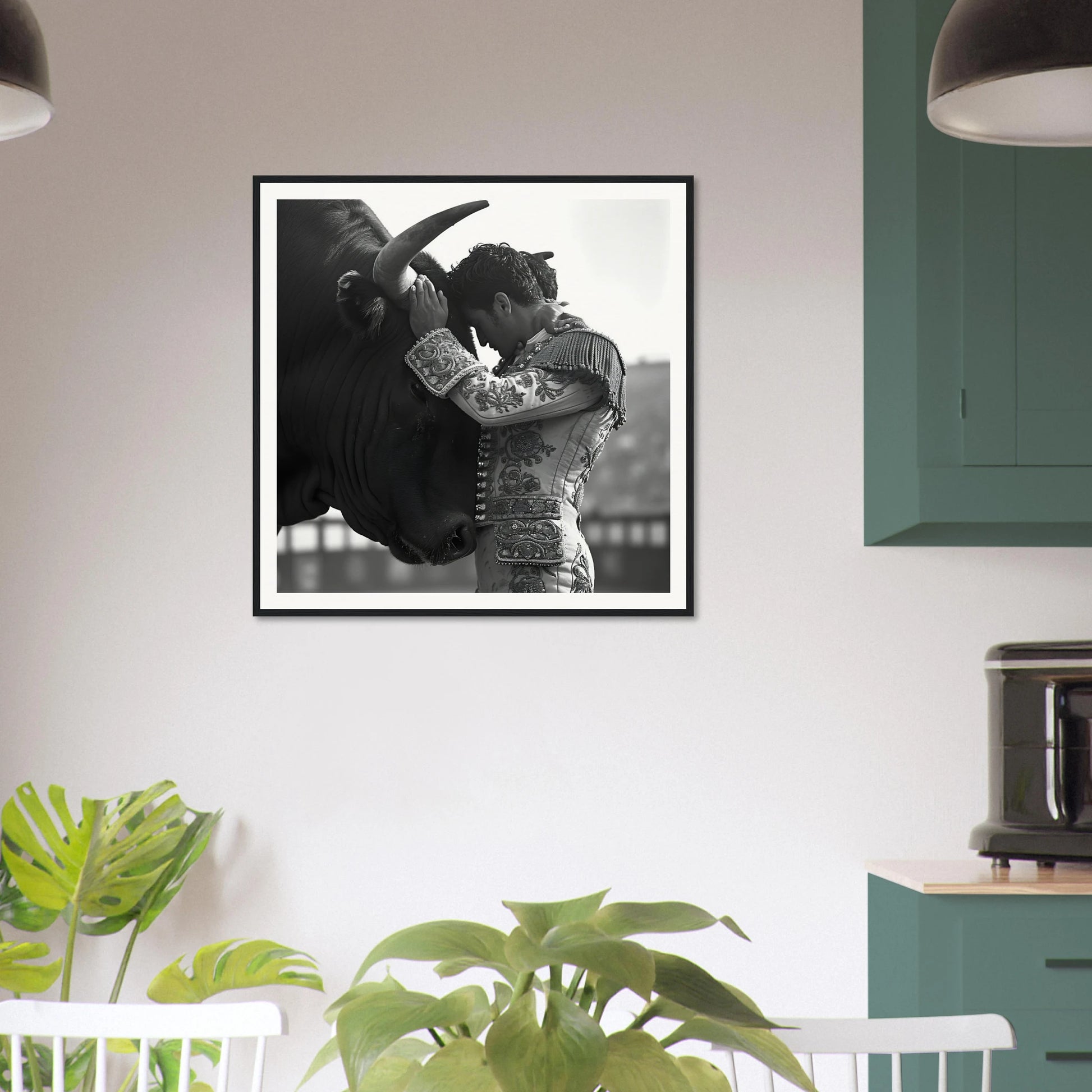 Framed black and white photo of a bull drinking from a bucket, part of Beastly Symbiosis Reverie