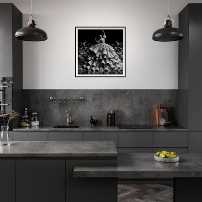 Modern dark kitchen with black cabinetry and industrial lights, featuring Baroque Blossom Ballet