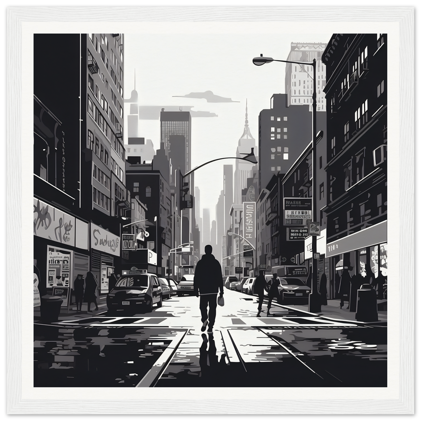 Silhouetted figure strolling on a rainy city street - Solitude Charms Silhouettes art