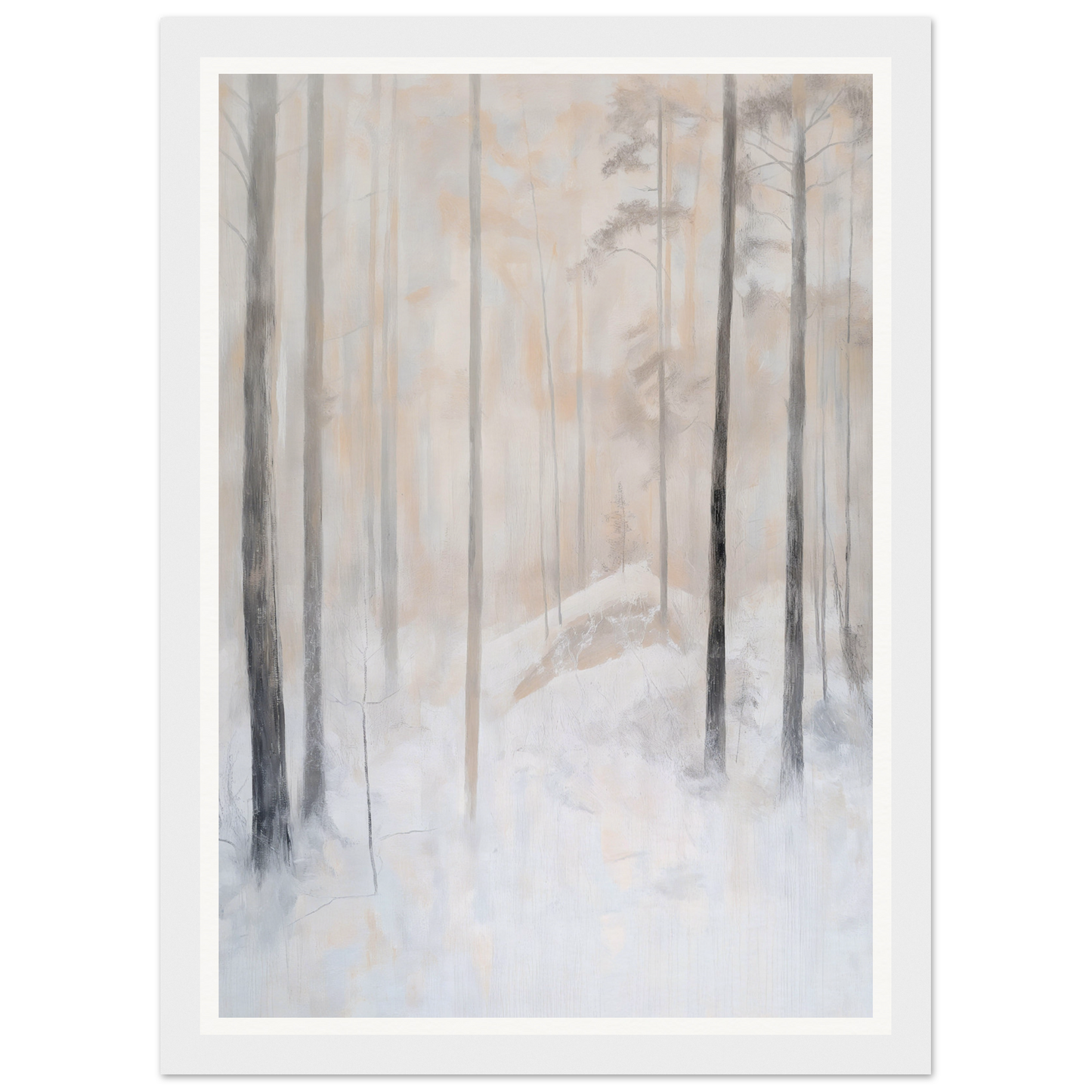 Framed wall art of a foggy forest with tall trees and a muted color palette.