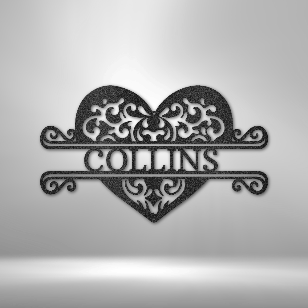 Decorative metal heart-shaped sign with the name ’COLLINS’ and intricate scrollwork designs.