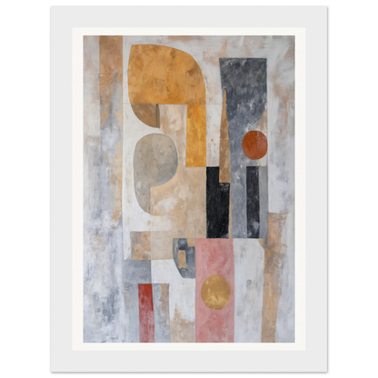 Framed wall art: abstract painting with geometric shapes in earth tones and muted red.