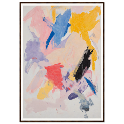 Framed wall art with bold strokes of blue, yellow, red, pink, and black on white background.