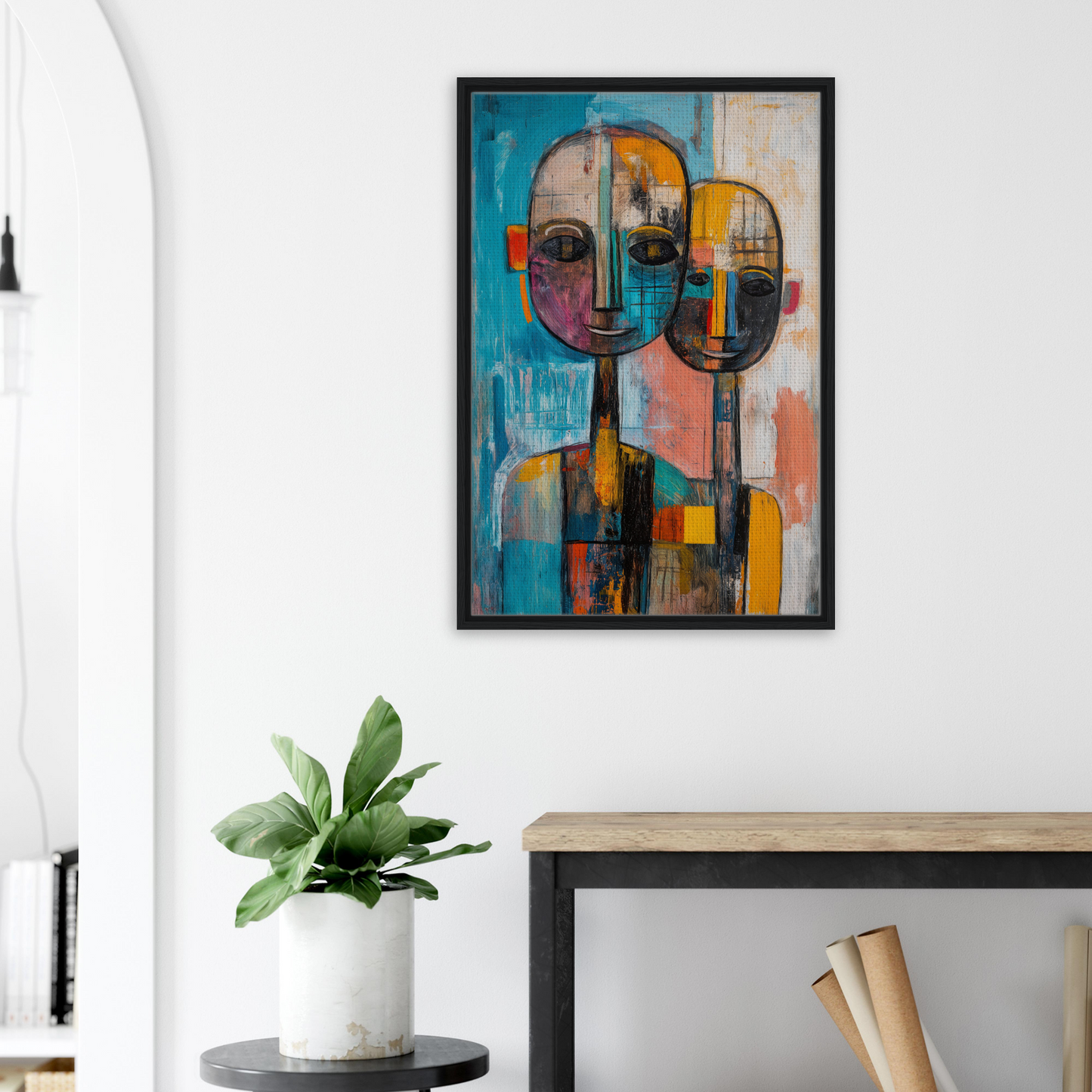 Abstract Ether Embrace featuring stylized faces in geometric shapes and vibrant colors