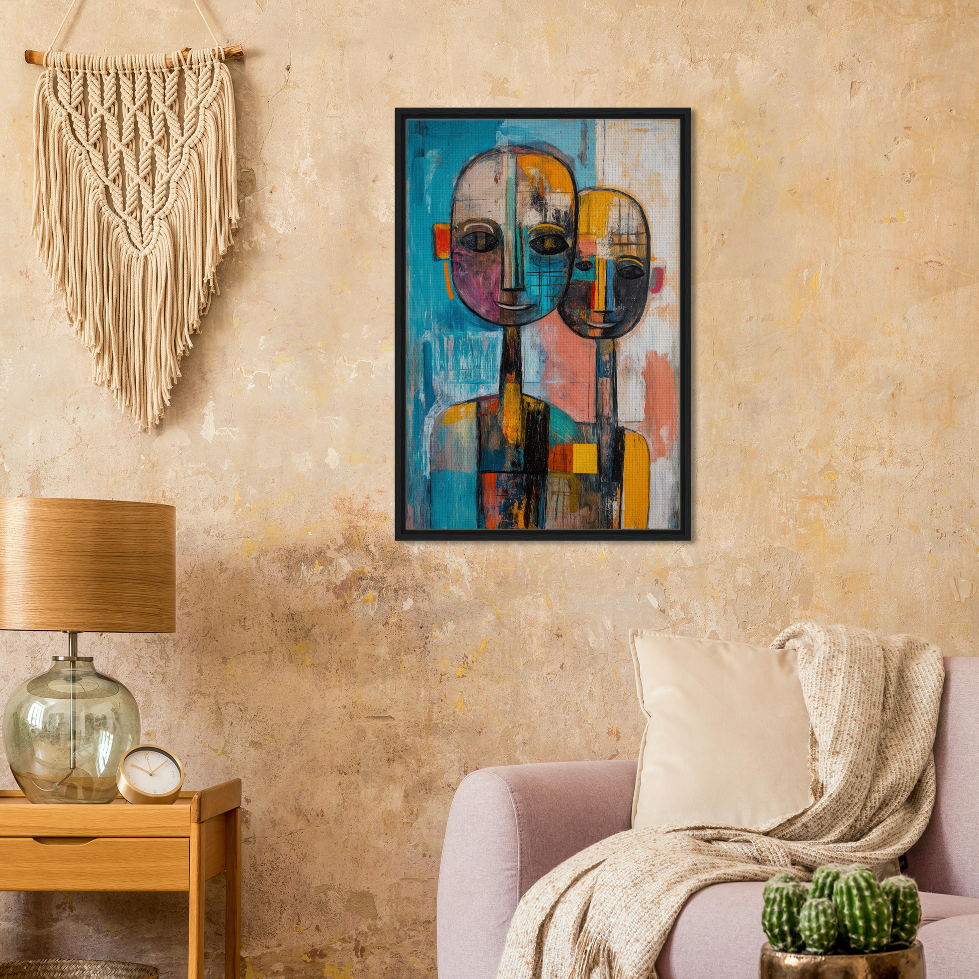 Abstract Ether Embrace canvas wall art showcasing vibrant, geometric faces in a unique design