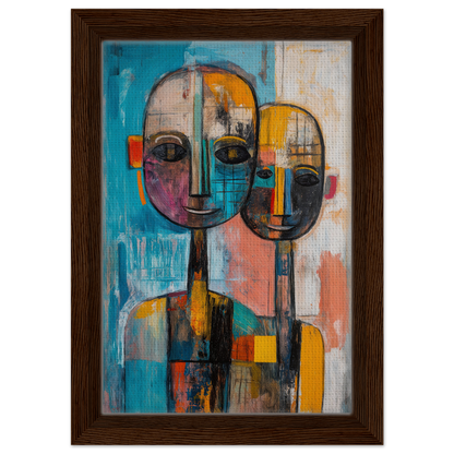 Abstract Ether Embrace canvas wall art featuring two stylized faces and vibrant geometric shapes