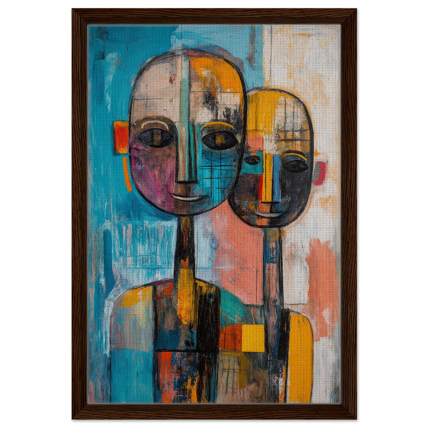 Abstract Ether Embrace canvas wall art featuring vibrant abstract faces and geometric shapes