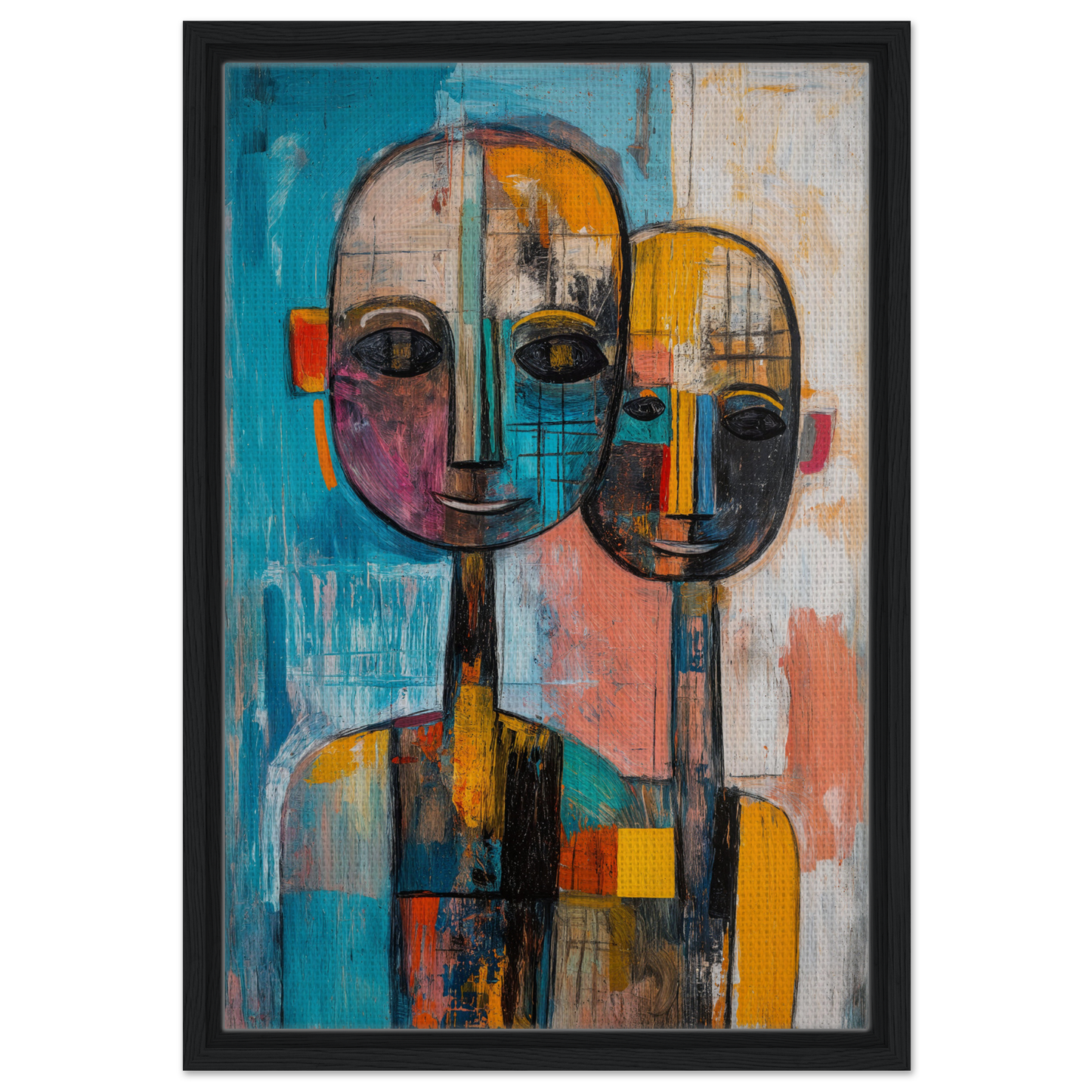 Abstract Ether Embrace canvas wall art featuring vibrant geometric faces and colors