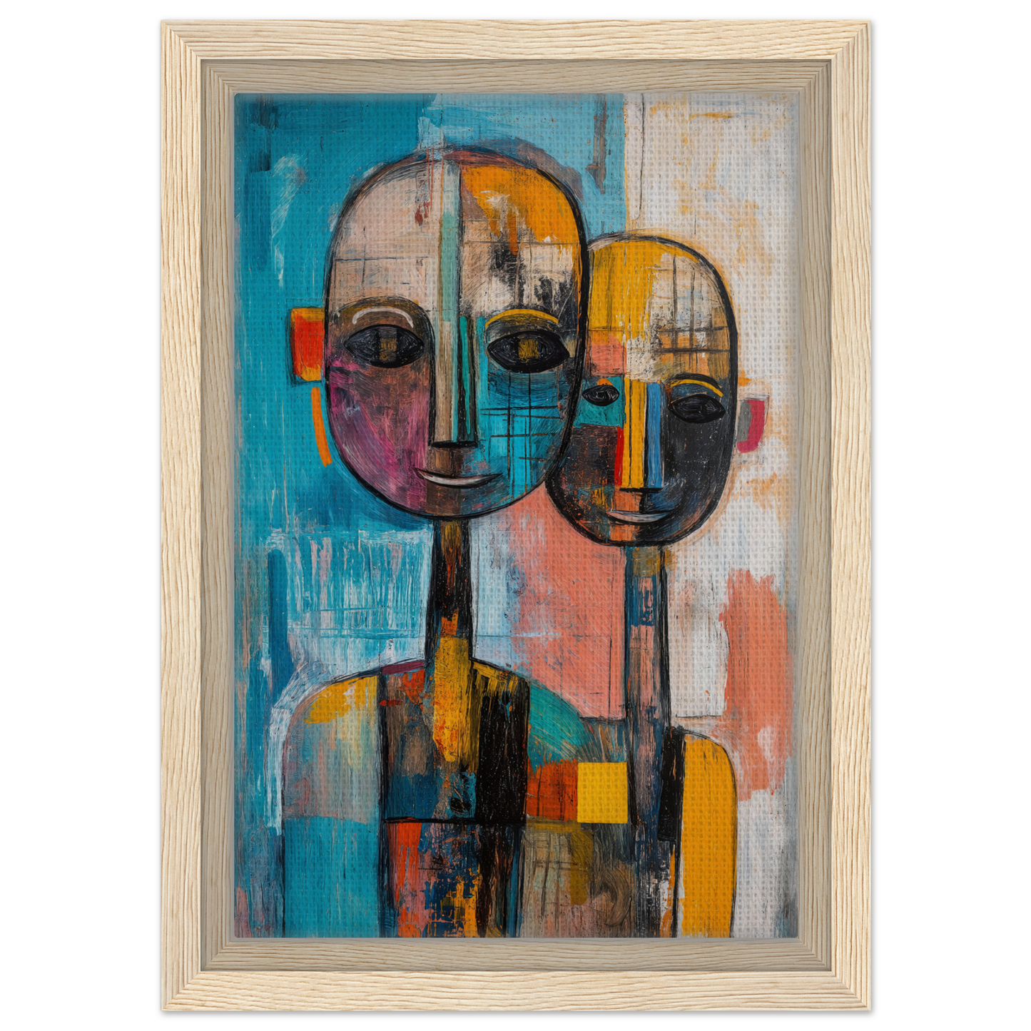 Abstract Ether Embrace featuring two stylized faces with vibrant colors in canvas wall art