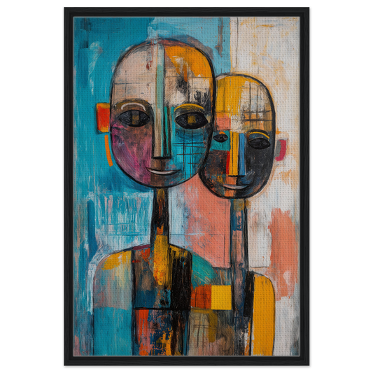 Abstract Ether Embrace canvas wall art featuring geometric faces in vibrant colors