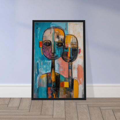 Abstract Ether Embrace canvas wall art featuring vibrant abstract faces and geometric shapes