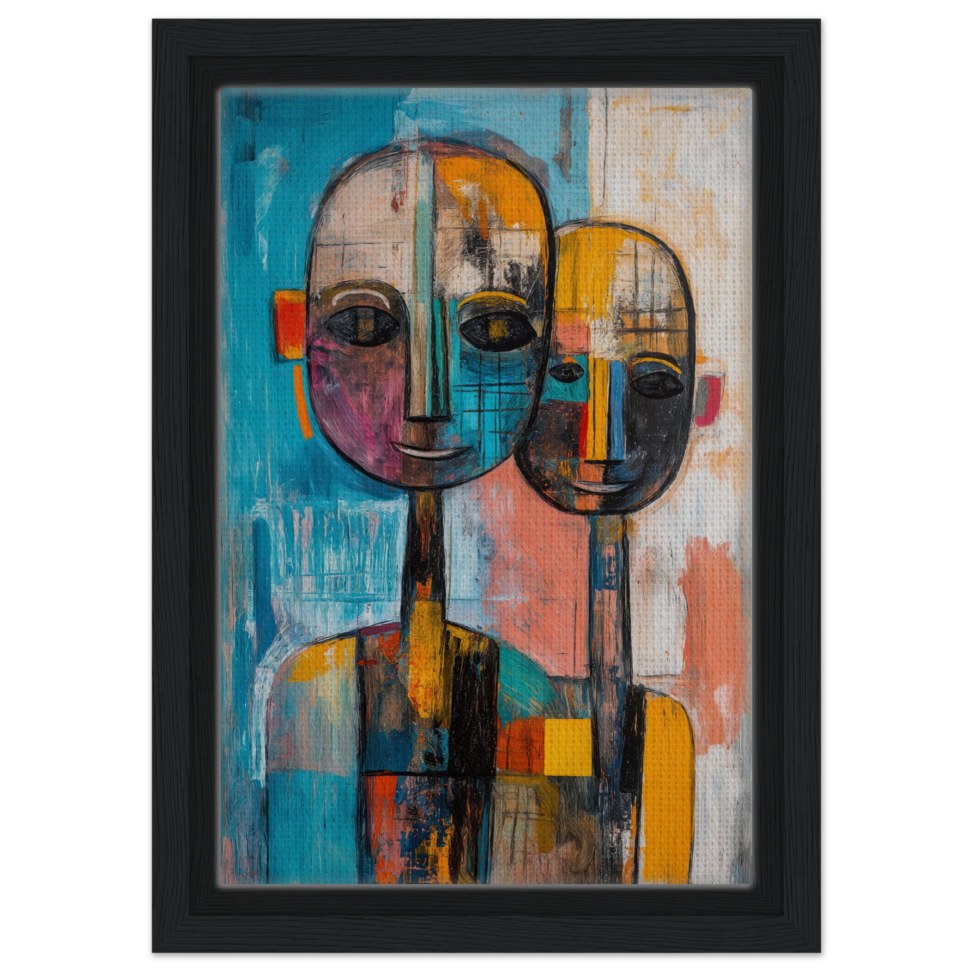 Abstract Ether Embrace canvas wall art featuring vibrant geometric faces