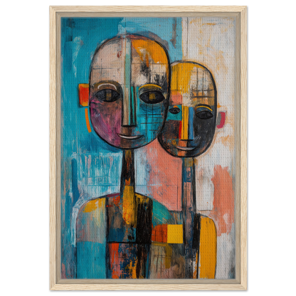 Abstract painting of two stylized faces in vibrant colors for Abstract Ether Embrace