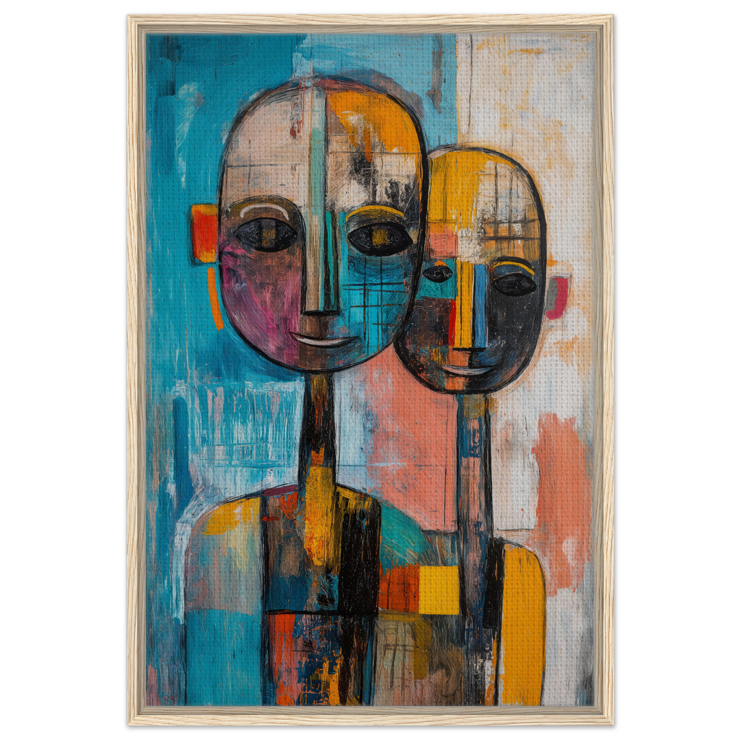 Abstract Ether Embrace features two stylized faces with vibrant colors and geometric shapes