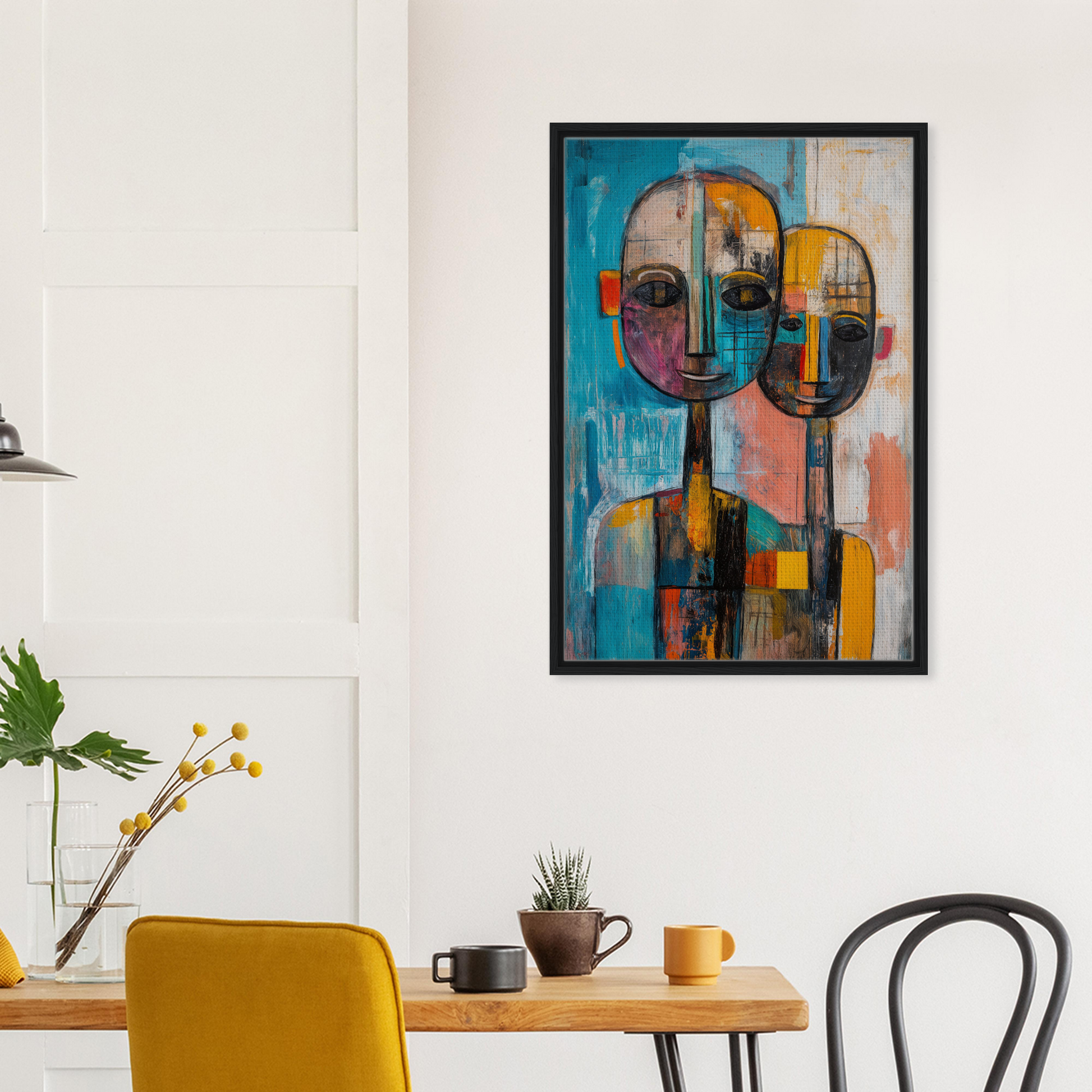 Abstract Ether Embrace featuring vibrant abstract painting of stylized faces on canvas wall art