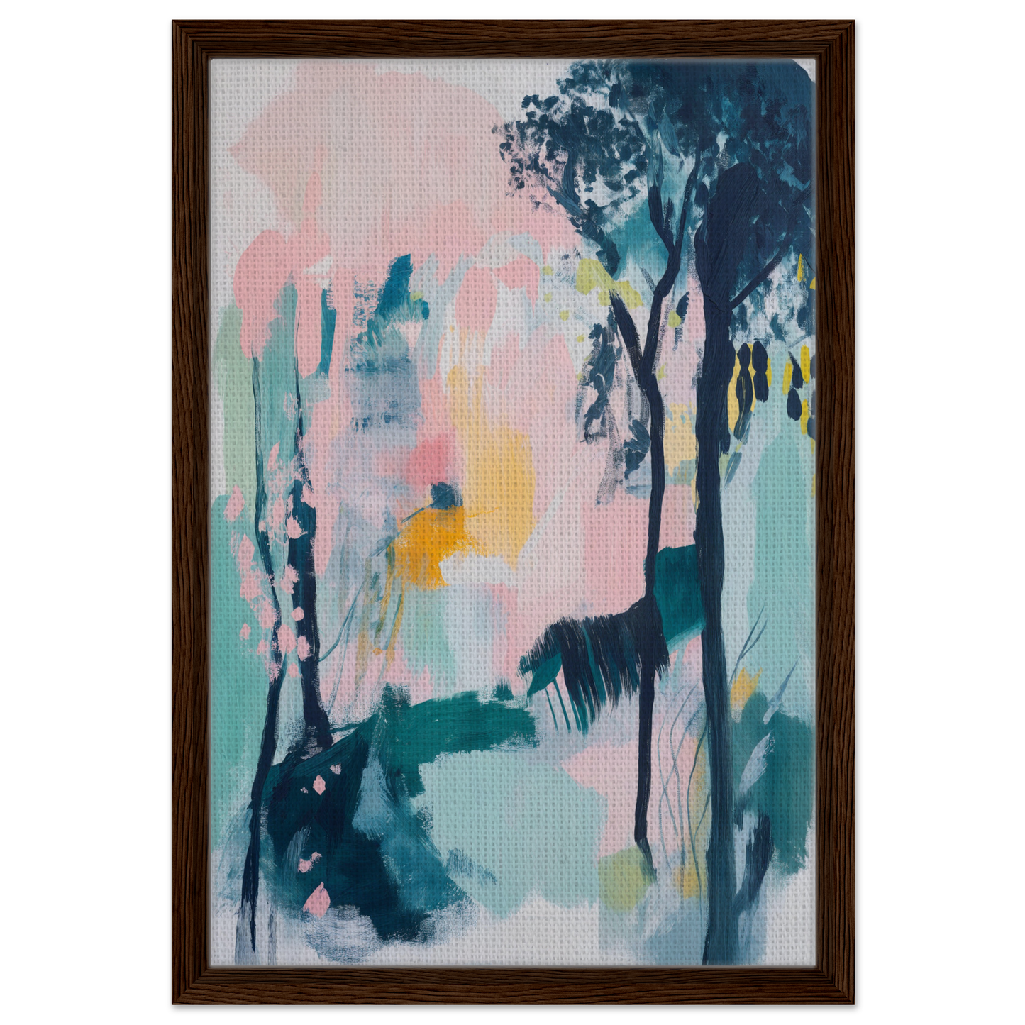 Abstract Groves Dance artwork featuring soft pastels and tree shapes in elegant frame