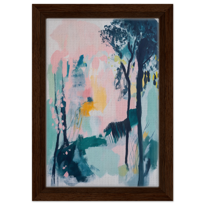 Abstract Groves Dance, an elegant framed canvas print with soft pastel colors and tree shapes