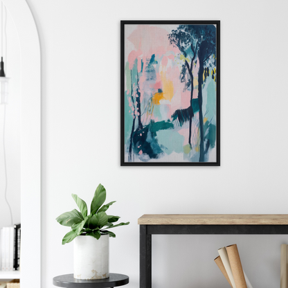 Abstract painting in pastel colors with dark shapes resembling trees from Abstract Groves Dance