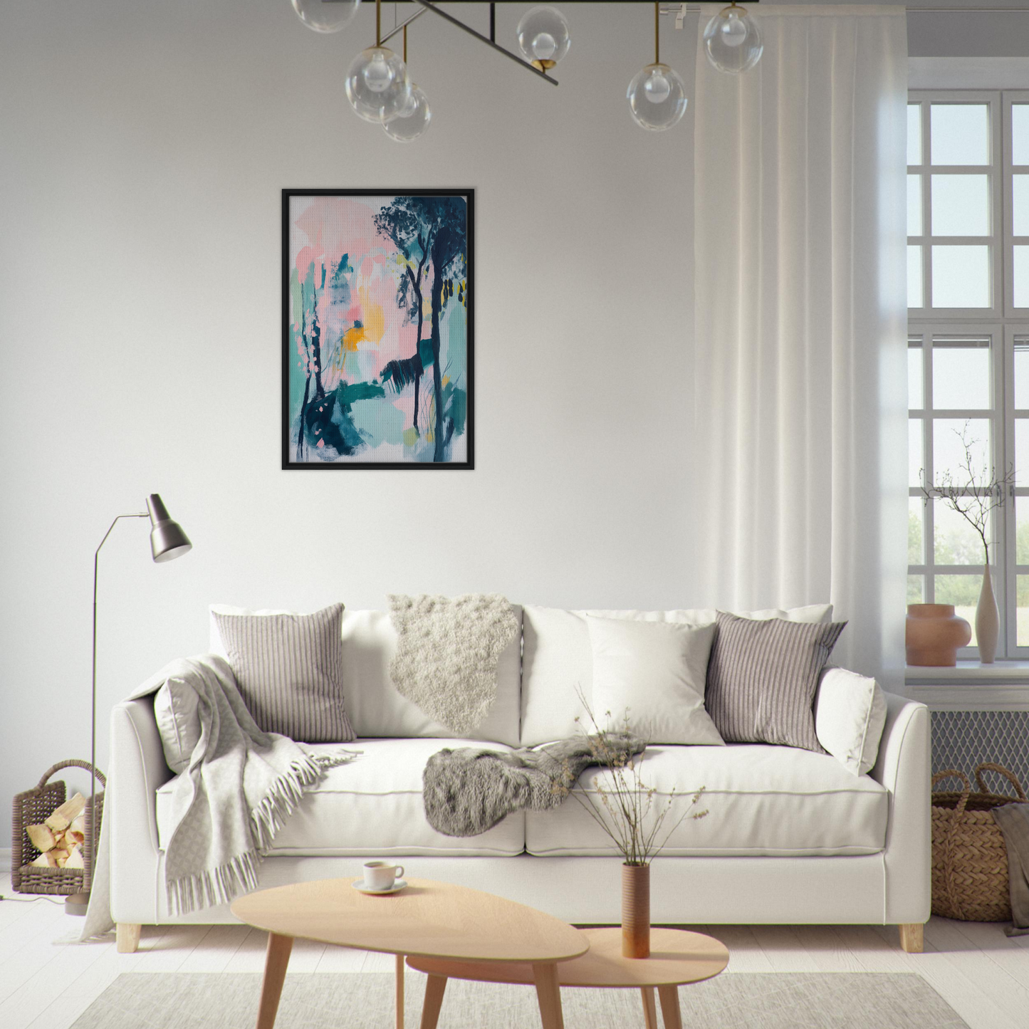 White sofa adorned with throw pillows and blankets beside Abstract Groves Dance canvas print