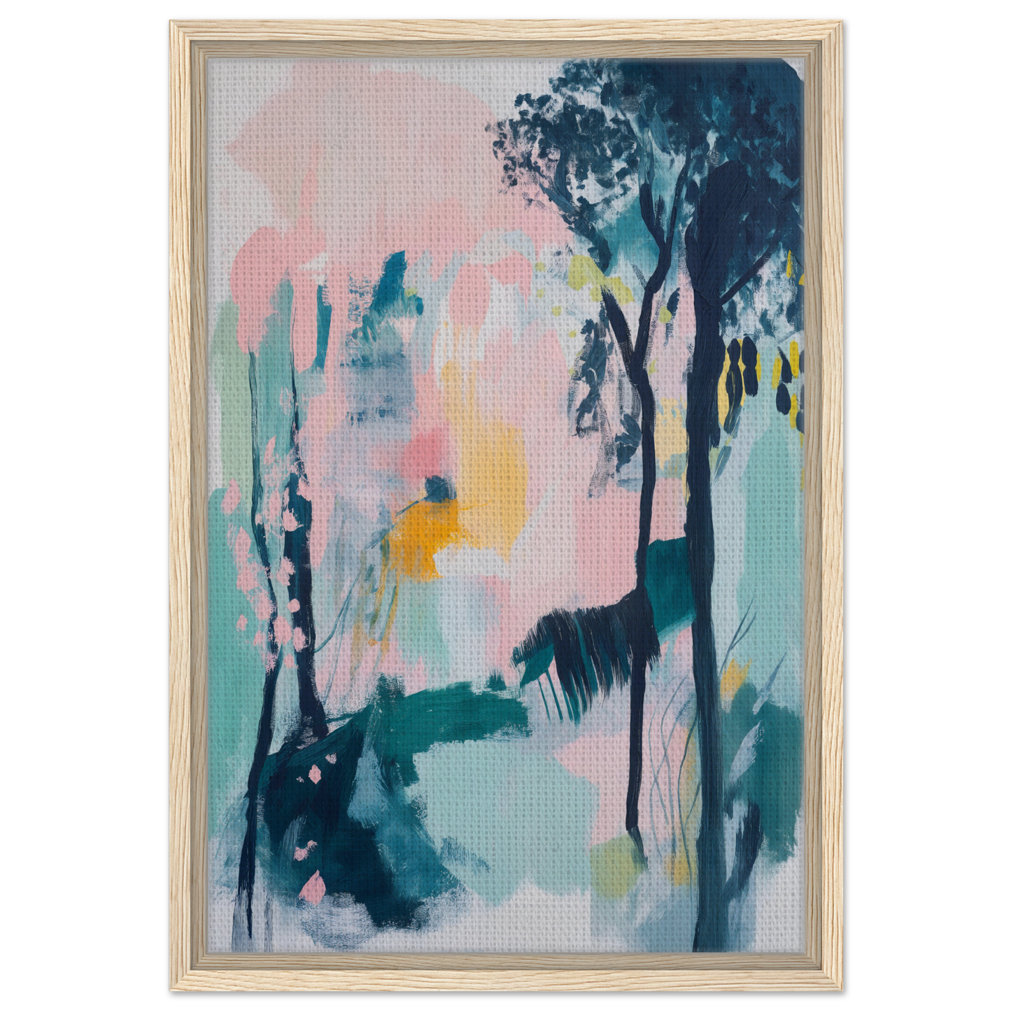 Abstract painting of soft pastels and dark forms for Abstract Groves Dance framed canvas print