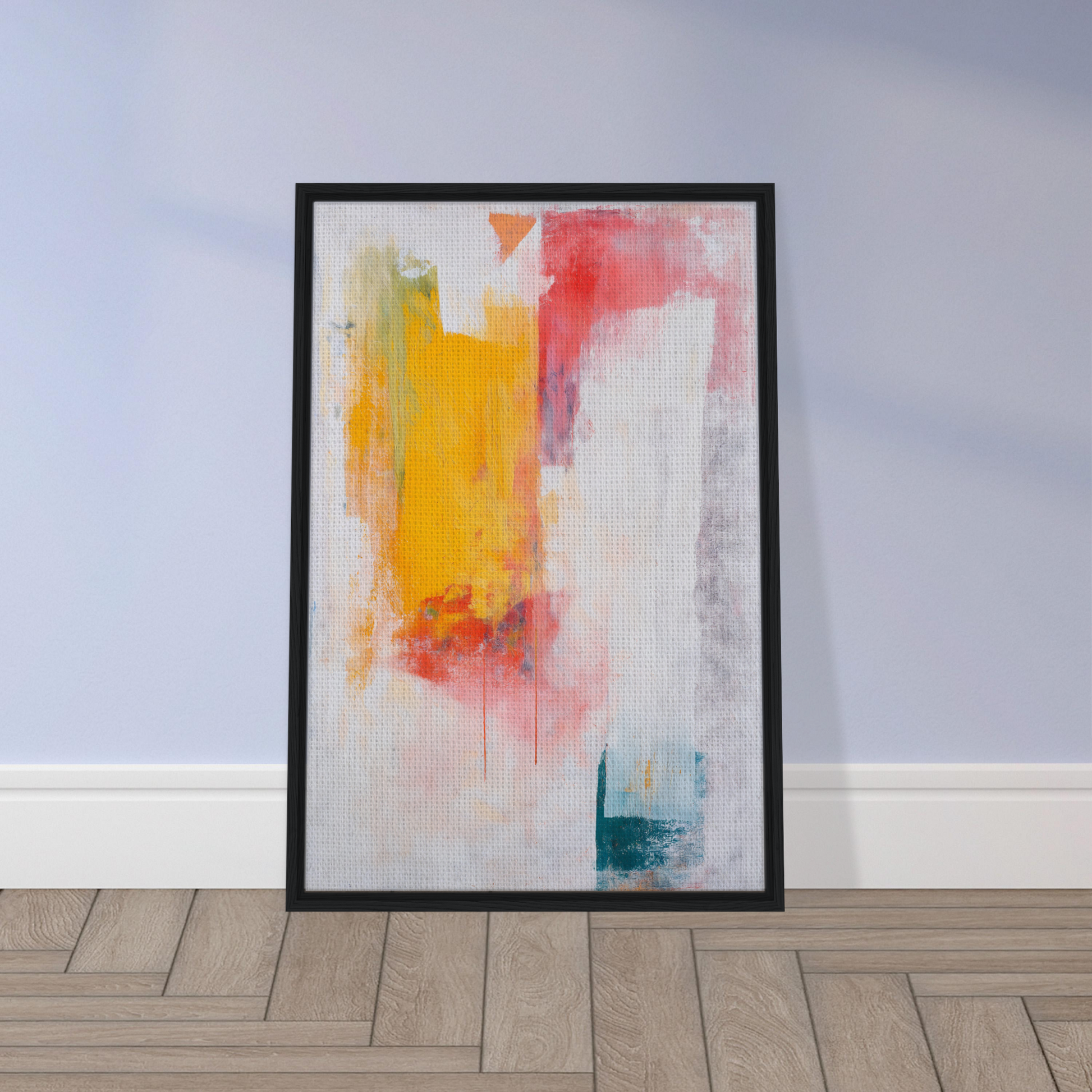 Abstract Psychedelia Encounter framed canvas print featuring vibrant yellow, pink, and white brushstrokes