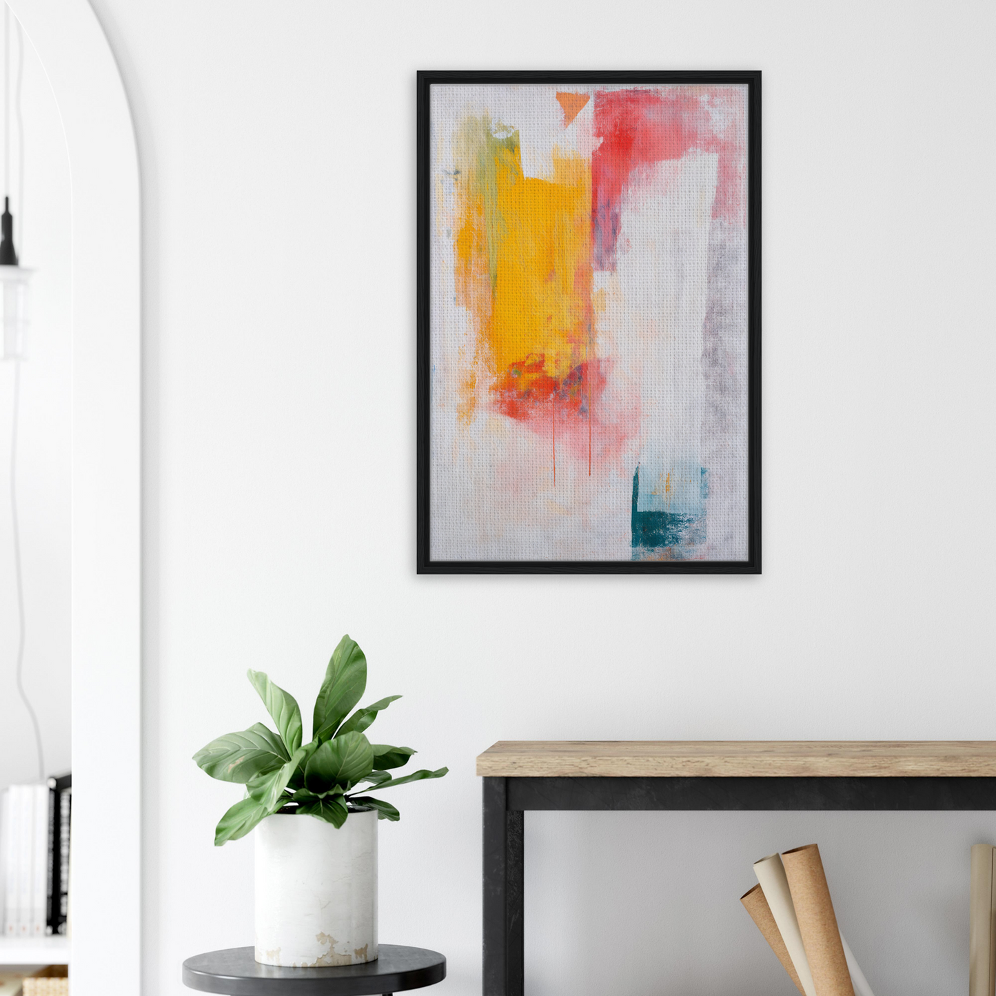 Abstract Psychedelia Encounter framed canvas print showcasing vibrant yellow, red, and white brushstrokes