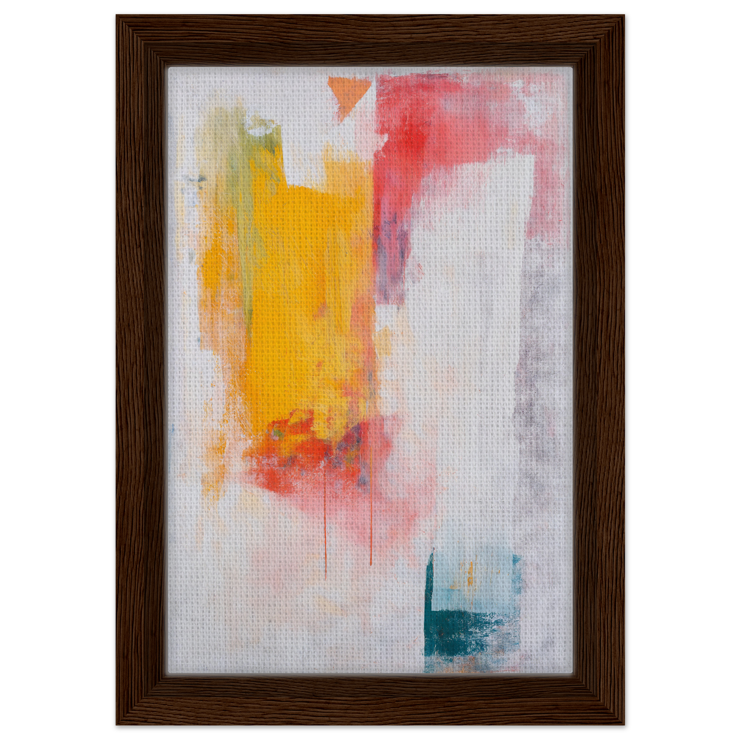 Abstract Psychedelia Encounter framed canvas print featuring vibrant yellow, red, and teal brushstrokes