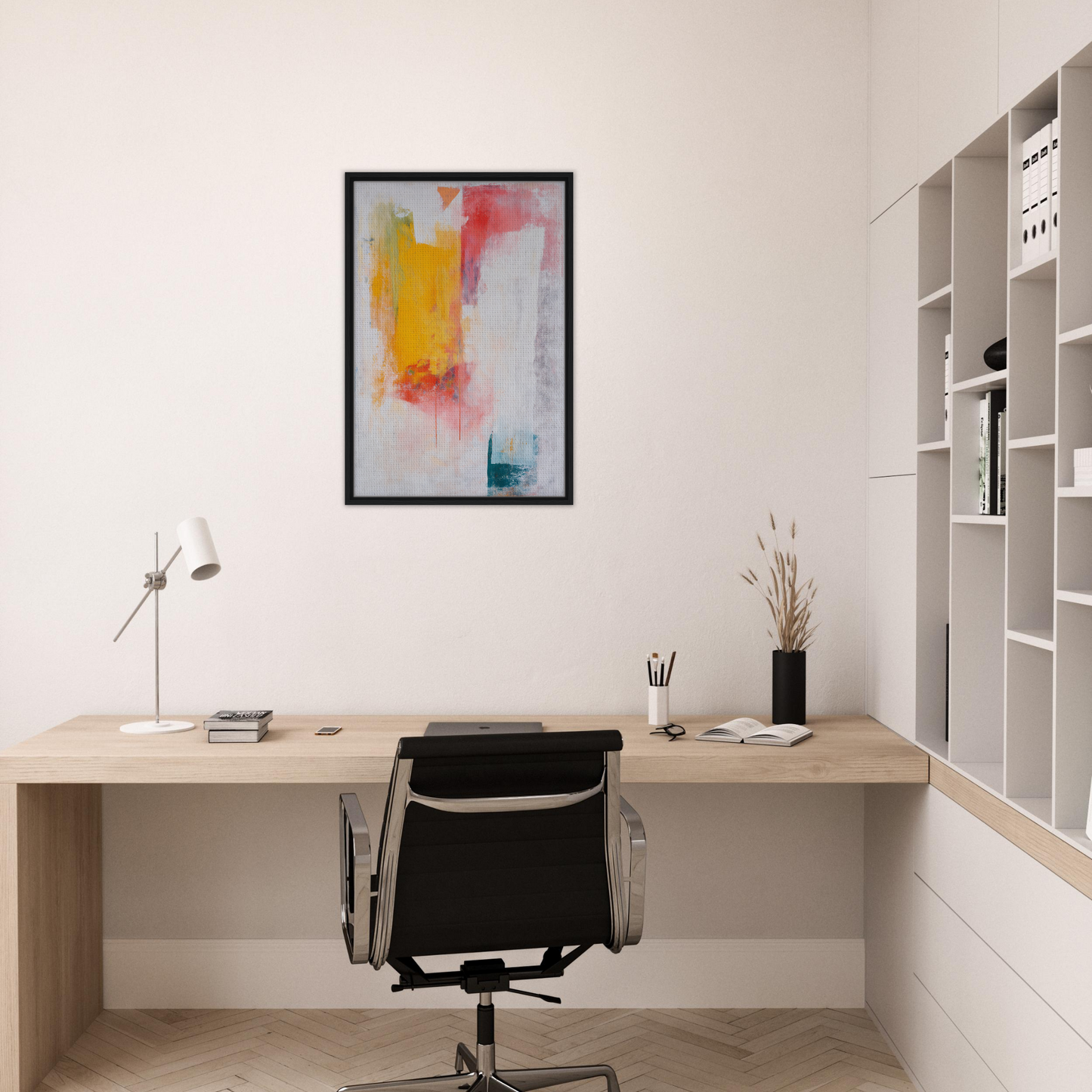 Minimalist home office with wooden desk, chair, and Abstract Psychedelia Encounter art