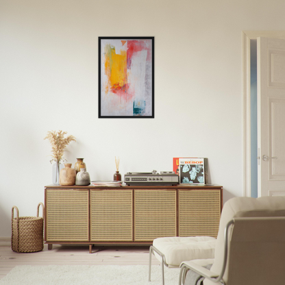 Wooden sideboard with cane-webbed doors, featured in Abstract Psychedelia Encounter room decor