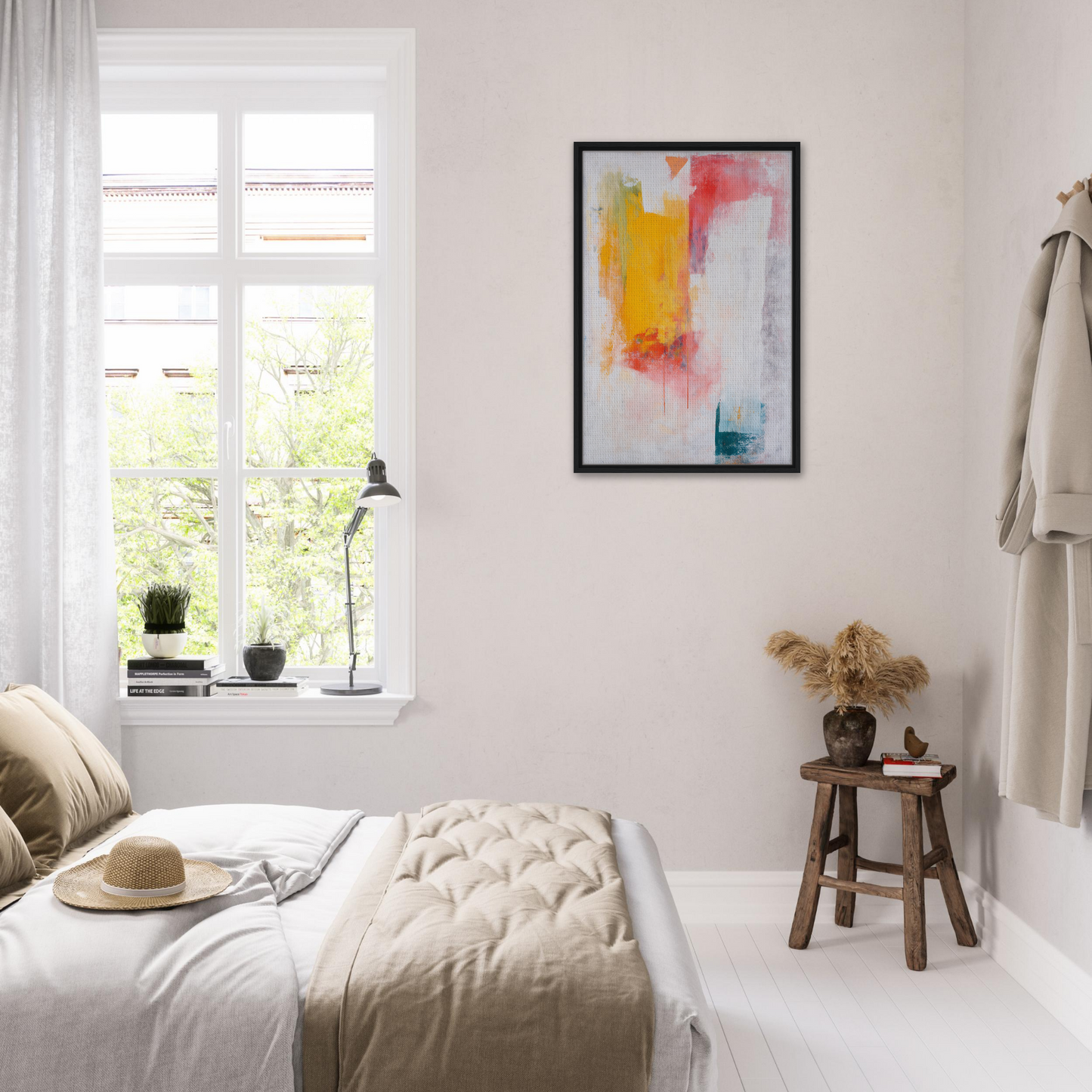 Bright minimalist bedroom showcasing Abstract Psychedelia Encounter framed canvas print