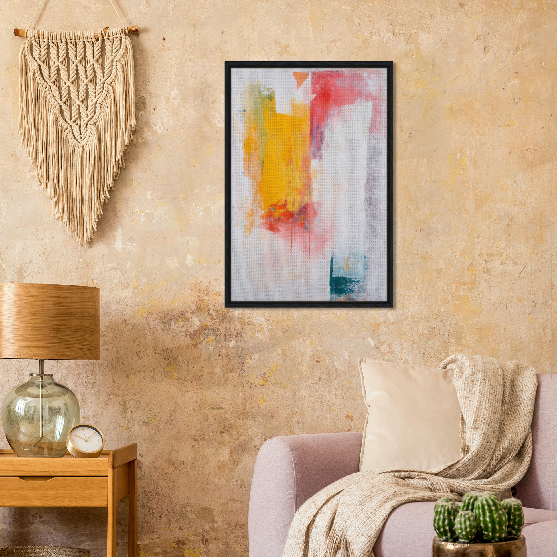 Framed canvas print of abstract psychedelia encounter with vibrant yellow, pink, and blue