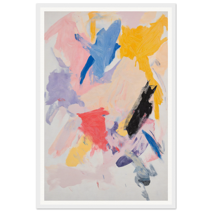 Framed abstract painting with colorful brushstrokes in blue, pink, yellow, black, and red.