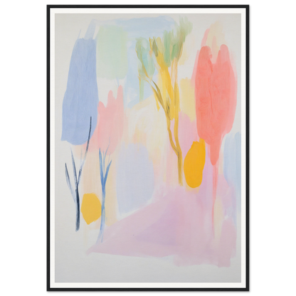 Framed abstract painting in soft pastels for elegant room decor.