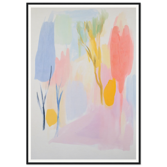 Framed abstract painting in soft pastels for elegant room decor.