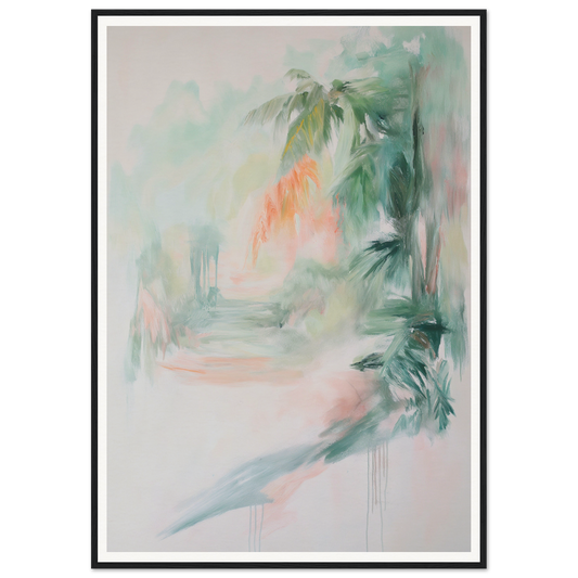 Framed wall art: Abstract painting with soft pastels and blurred green foliage.