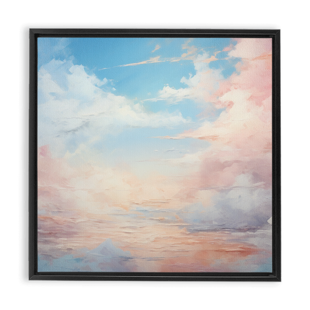 Framed abstract painting of a pastel-colored sky with soft clouds.