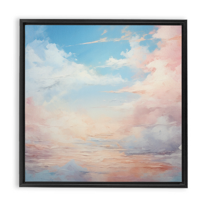 Framed abstract painting of a pastel-colored sky with soft clouds.