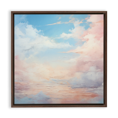 Framed painting of a pastel-colored sky with soft clouds.