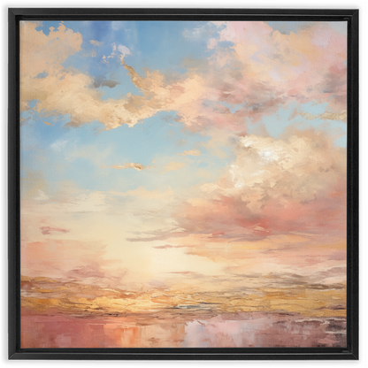 Abstract landscape painting featuring a colorful sky with clouds over a hazy horizon.