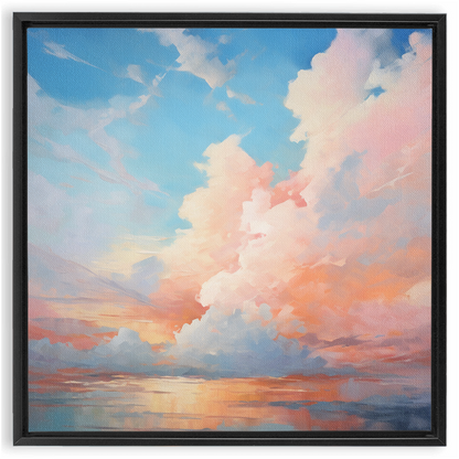 Colorful painting of a sunset sky with clouds reflected in water.