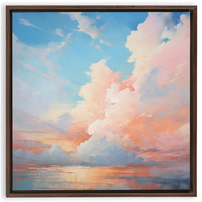 Painting of a colorful sky with clouds at sunset or sunrise reflected in water.