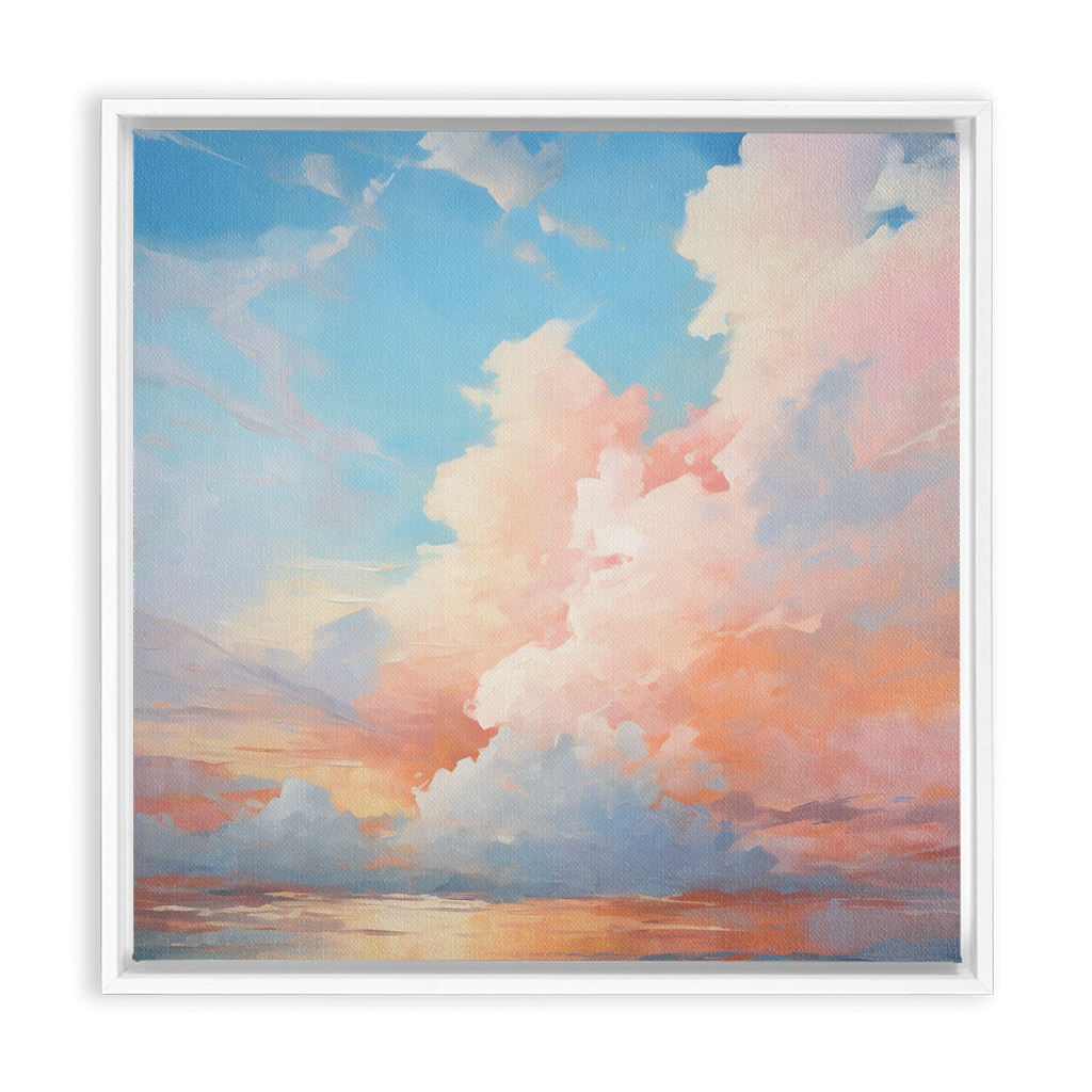 Colorful painting of a cloudy sky at sunset or sunrise with soft pastel hues.