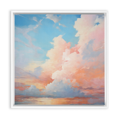 Colorful painting of a cloudy sky at sunset or sunrise with soft pastel hues.