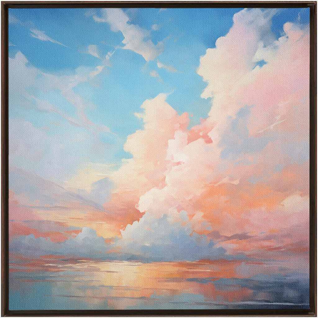 Painting of a colorful sunset sky with clouds reflected in water.