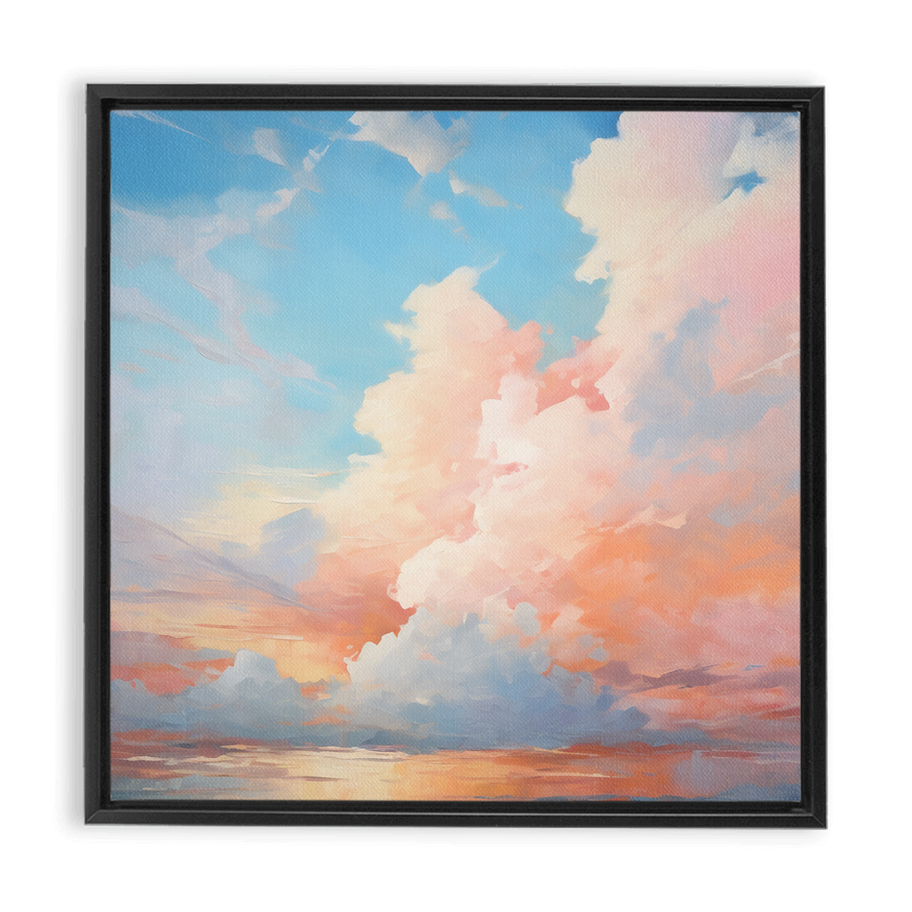 Framed painting of a colorful sunset sky with fluffy clouds.