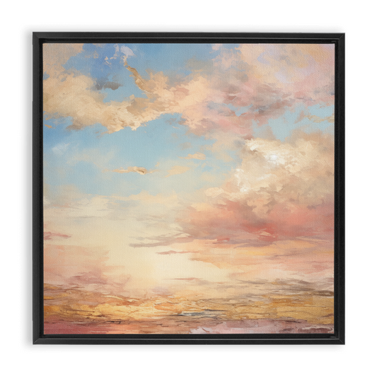 Framed painting of a pastel-colored sky with clouds at sunset or sunrise.