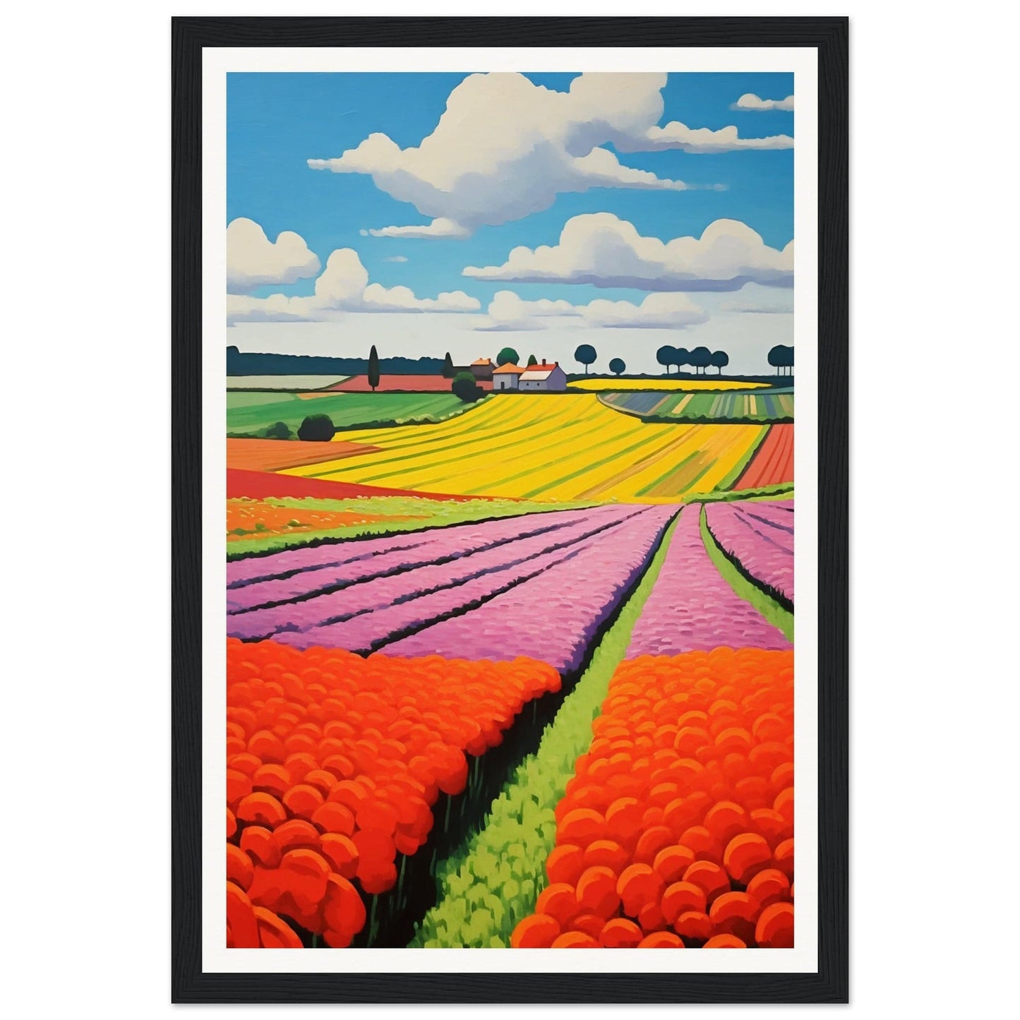 Colorful landscape painting of flower fields with vibrant stripes of different crops.