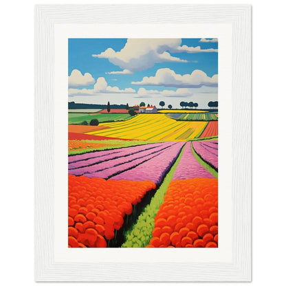 Colorful landscape painting of flower fields with vibrant stripes of yellow, pink, and orange blooms.